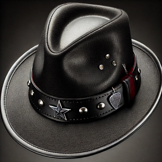 Example of a Rock & Roll themed fedora with chrome embellishments